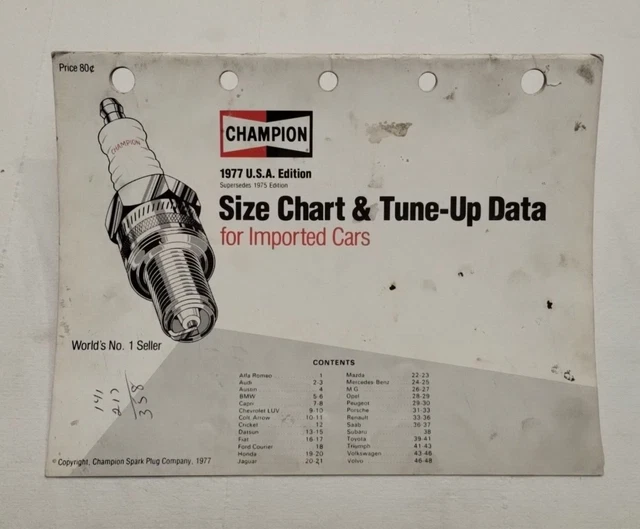 CHAMPION 1977 USA Edition Size Chart & Tuneup Data Imported Cars