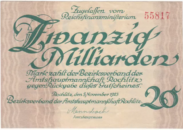 20 Milliarden Mark Rochlitz u. 20 Mark Gersdorf Sachsen