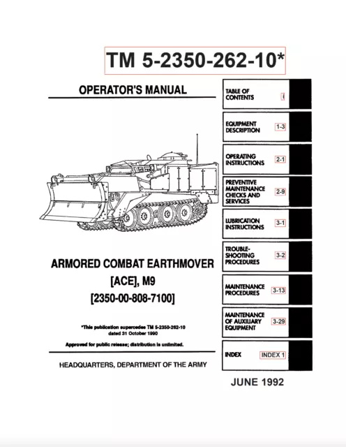 M9 ACE ARMORED COMBAT EARTHMOVER - 15+  Operator Maintenance Parts Manuals on CD