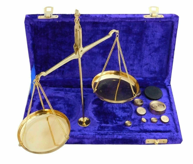 Balanza de joyería de latón antiguo vintage con caja de terciopelo y peso...
