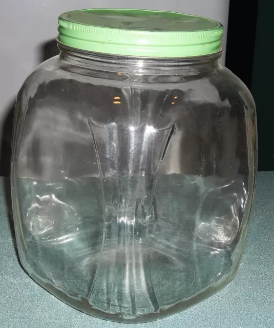 Vtg 1 Gallon Hazel Atlas Hoosier Glass Jar Canister Green Metal Screw on Lid