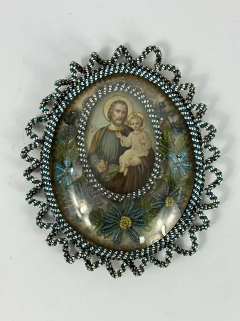 Antike Klosterarbeit Perlenstickerei Andachtsbild Heiligenbild Josef mit Kind