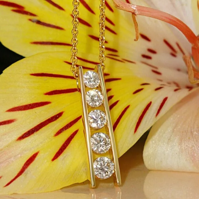14k Yellow Gold Plated 2.20Ct Five Stone Moissanite Women's Journey Bar Pendant
