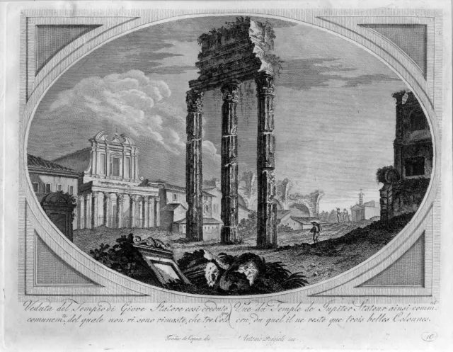Veduta del Tempio di Giove Statore - Incisione su rame originale di fine '700