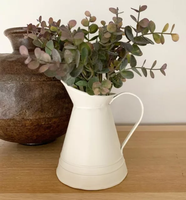 Vintage Cream Enamel Metal Jug Pitcher Flower Vase Home Decor 16 cm high
