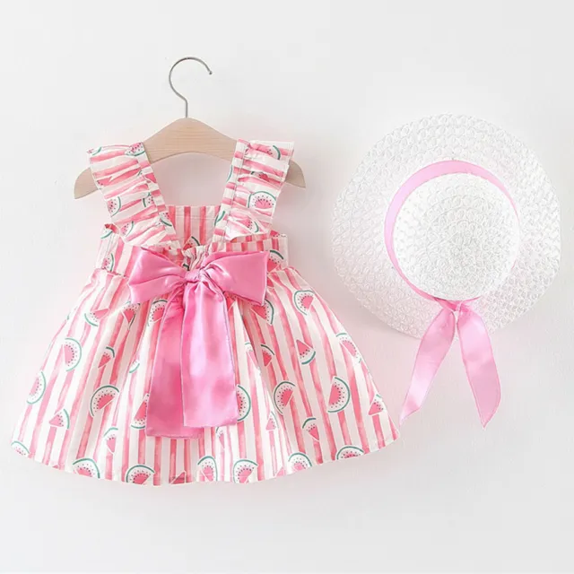Toddler Baby Kids Girls Floral Ruched Bow Watermelon Princess Dress+Hat Outfits