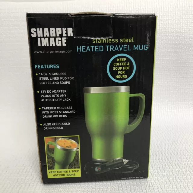 Sharper Image Stainless Steel GREEN Heated Travel Mug 14 OZ. W/ 12 V DC Adapter