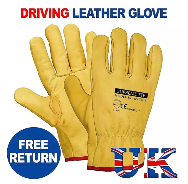 Premium Yellow Leather Driver Work Gloves Fleece Lined Lorry Truck Driving Glove