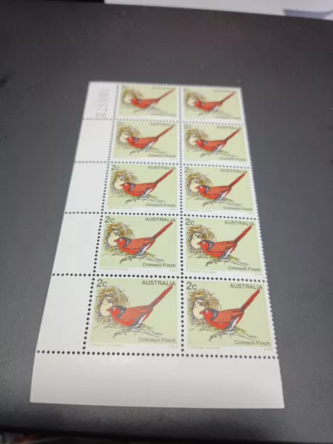 Australia Stamp: Crimson Finch, Bird, 2c 2 cent Full gum , Block w serial Number