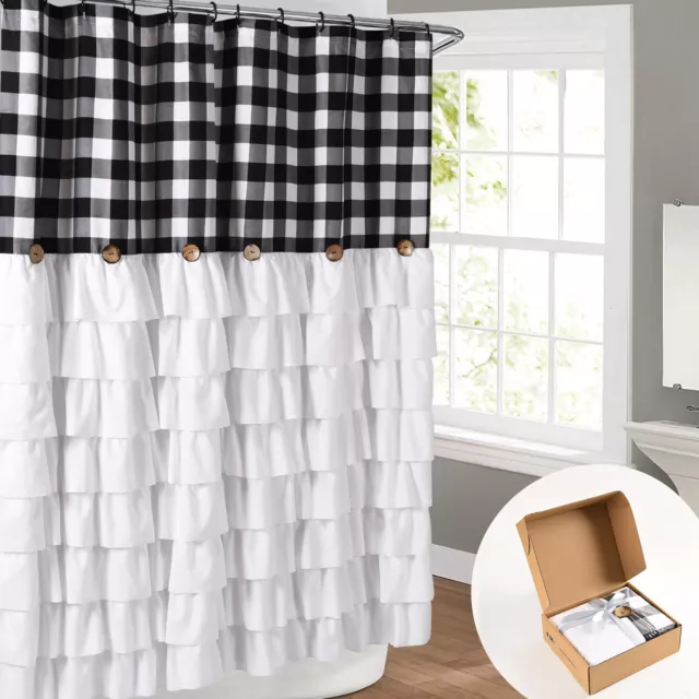 HIG Farmhouse Ruffle Buffalo Check Shower Curtain with Coconut Buttons