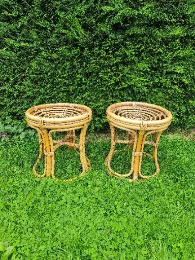 Pair Of Vintage Mid Century Rattan Bamboo  Stools Plant Stands Boho French