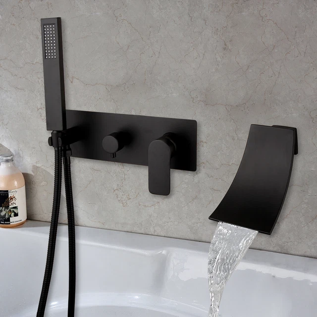 2-way Black Bathroom Tub Wall Mount Faucet Hand Spray Mixer Waterfall Shower Tap