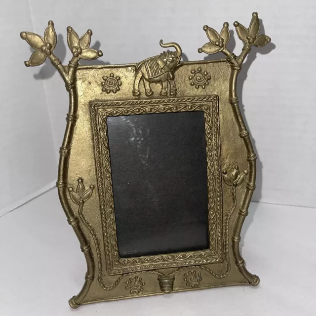 Bombay Brass Picture Frame Holds 3x5” Photo Elephant Raised Trunk Metal Vintage