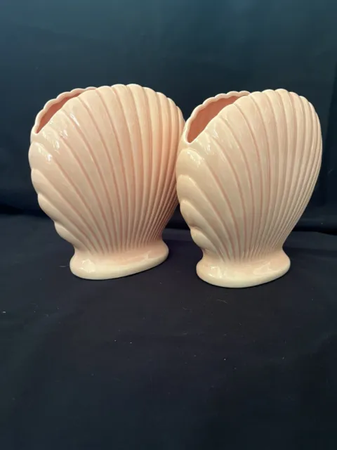 Pair of Vintage 7" tall Pink Coral Clam Shell Scalloped Ceramic Vases Art Deco