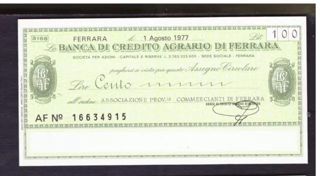 Miniassegno Banca Credito Agrario di Ferrara Ass. Commercianti 100 L 1-8-1977
