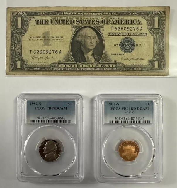 Lot Of 3 Paper Money & PCGS graded PR69DCAM  Coins Lot #MC#10