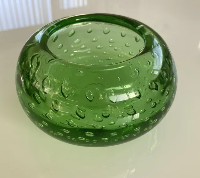 Vintage  1960s Whitefriars Controlled Bubble Green Art Glass Dish Bowl