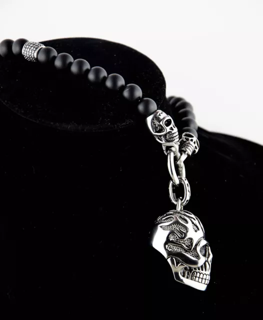 Herren Onyx Schwarz Matt Halskette Rosenkranz Edelstahl skull Totenkopf biker