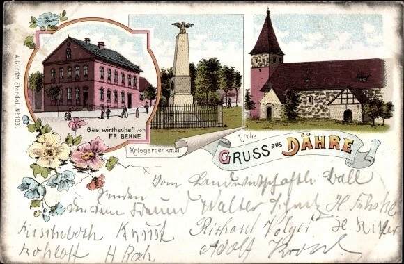 Litho Dähre in der Altmark, Kirche, Kriegerdenkmal, Gastwirtschaft - 3259740