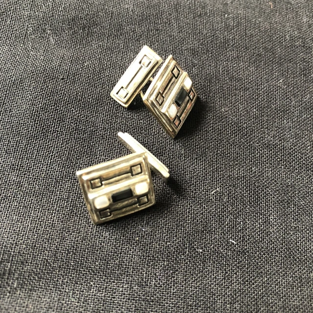 Vintage Silver Cufflinks Mother Of Pearl & Onyx Art Deco Signed Pt 925