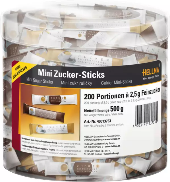 Hellma Zucker-Sticks mini, Feinzucker-Portion, 200 x 2,5g