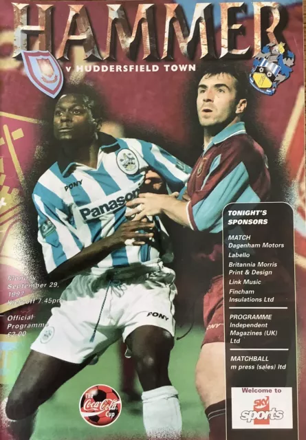 WEST HAM UNITED v HUDDERSFIELD TOWN, 29 Sept 1997 Coca Cola Cup 2nd Rd 2nd Leg