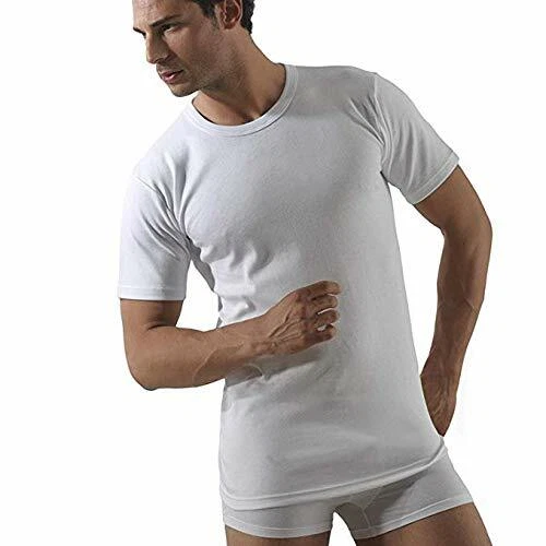 MU001 Set 3 Maglie Intime Bianco Uomo Cotone bielastico Mezza Manica paricollo