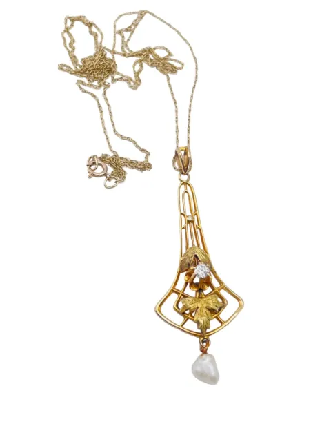 Antique 10k Gold Pearl Diamond Lavalier Pendant & Chain Necklace 2g