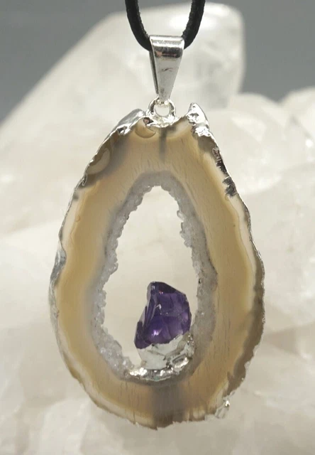 ACHAT GEODE DRUSE großer Anhänger mit AMETHYST galvanisiert mit Öse c3