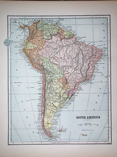 Old 1896 Historical Atlas Map ~ SOUTH AMERICA ~(11x14) ~Free S&H -#954