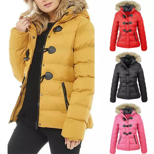 Womens Ladies Quilted Winter Coat Puffer Fur Collar Hooded Jacket Parka Tops Uk