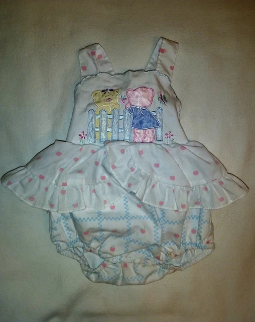 Sweet Frilly Vintage Baby Girl Romper Summer Sunsuit,Embroidered Bears,Size 6-9M
