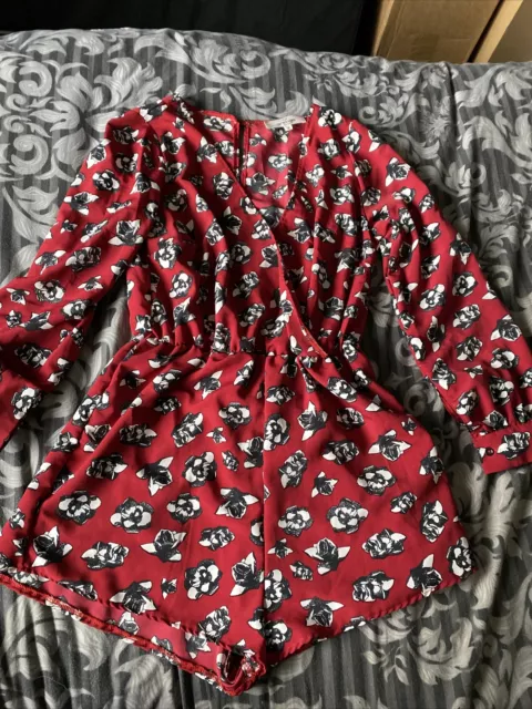 Ladies Oh My Love London Red Floral Long Sleeved Wrap Top Playsuit medium