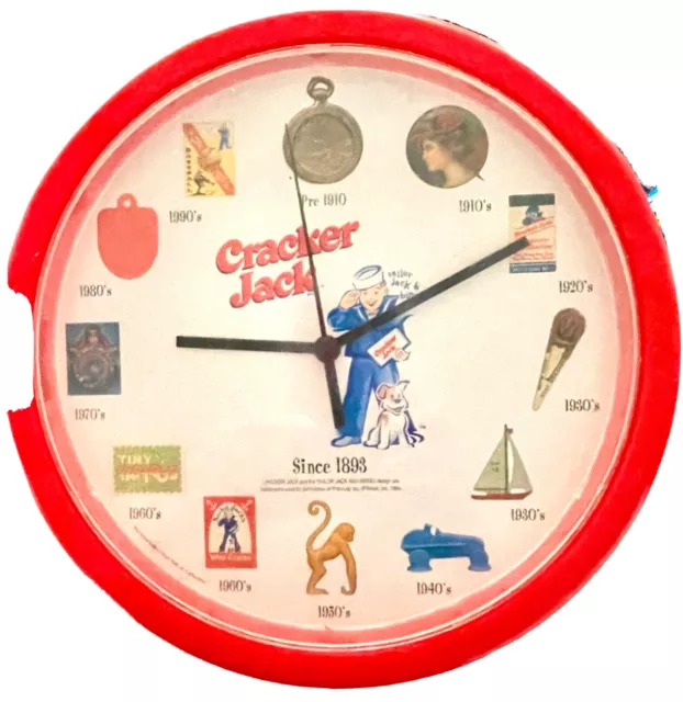 Vintage 1999 Cracker Jack Wall Clock 10"  - Plastic - Tested and Working