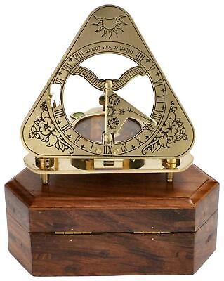 Antique Vintage maritime brass triangle sundial compass navigation w/ wooden box