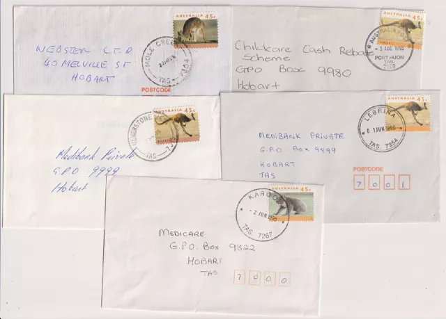 TASMANIA 1990s: 10 covers w/ selected 'small town' postmarks · some scarcer cds