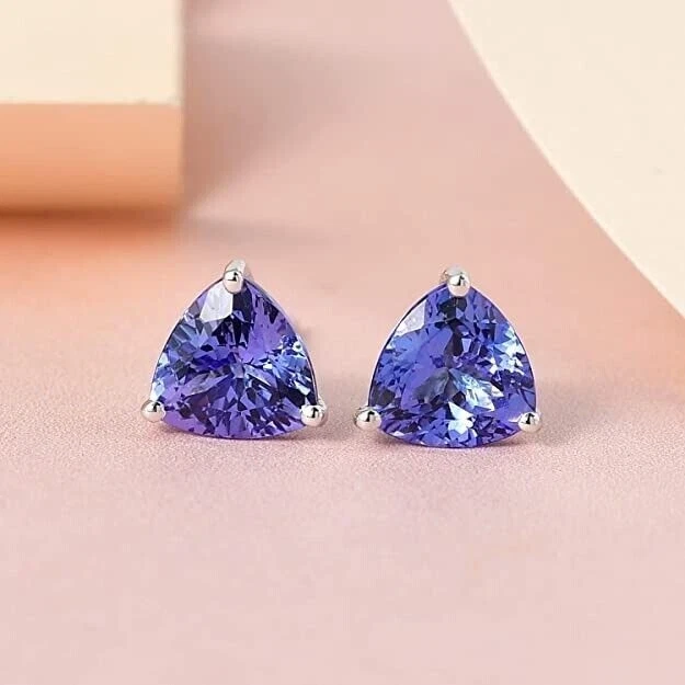 3CT Trillion Cut Simulated Sapphire Solitaire Stud Earring 14K White Gold Plated