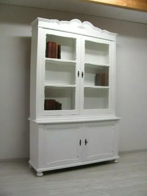 große Aufsatzvitrine-Bücherschrank in Weichholz massiv in Shabby-Chic weiss