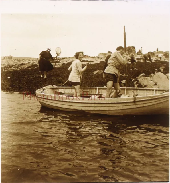 FRANCE Famille En barque c1930 Photo Plaque de verre Stereo Vintage P29L5n24