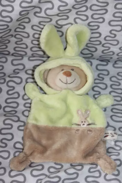 doudou GRAIN DE BLE OURS DEGUISE EN  LAPIN PLAT VERT MARRON BEIGE ttbe