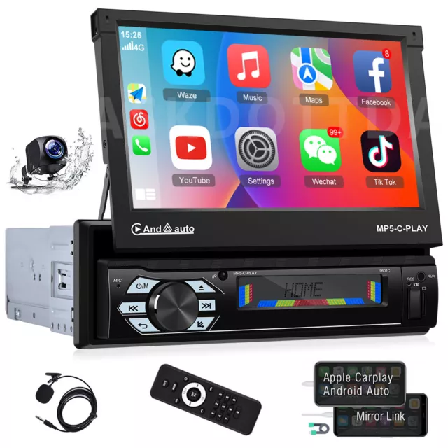 7" 1DIN Flip Out Autoradio Apple Carplay GPS Navi FM USB BT MP5 Player Mic Kam