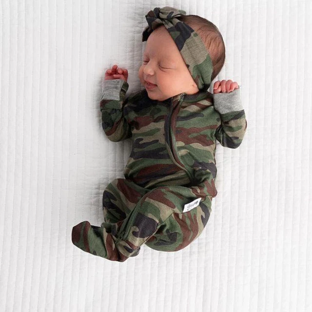 Newborn Baby Boy Camouflage Bodysuit Romper Jumpsuit Headband Casual Clothes