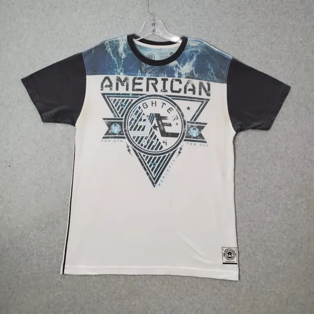 American Fighter Men Shirt XL Blue Colorblock Logo Graphic Print Crew Neck READ