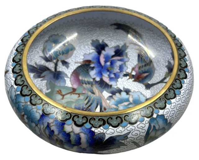Vintage Chinese Lotus Bowl Cloisonne White Enamel Flowers & Exotic Birds 7.5”