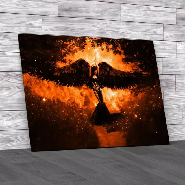 Fiery Temptation Dark Angel Girl With Wings Orange Canvas Print Large Picture