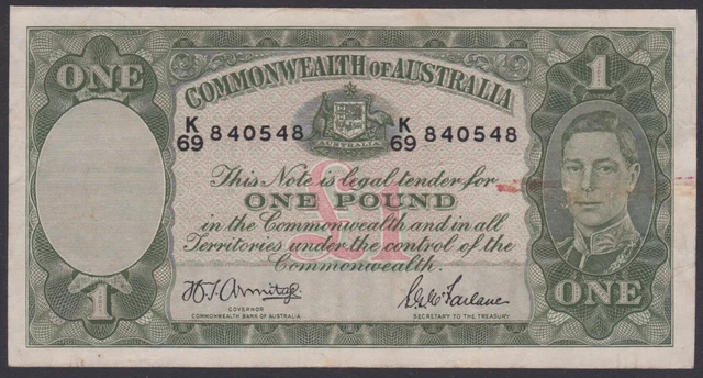 BN173b) Australia 1942 £1 Note, Armitage/McFarlane, Light Green R30b, aVF.