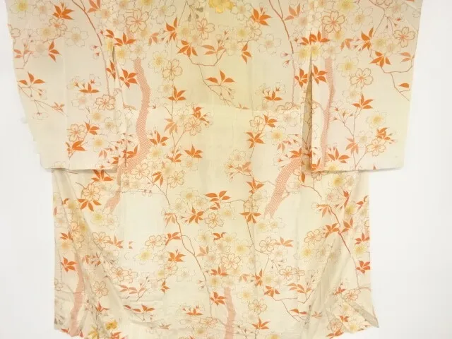 82927# Japanese Kimono / Antique Hitoe Juban / Embroidery / Kinsha / Sakura