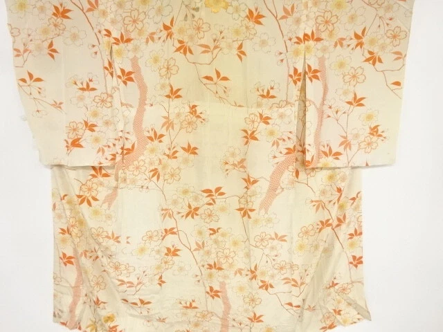 82927# Japanese Kimono / Antique Hitoe Juban / Embroidery / Kinsha / Sakura
