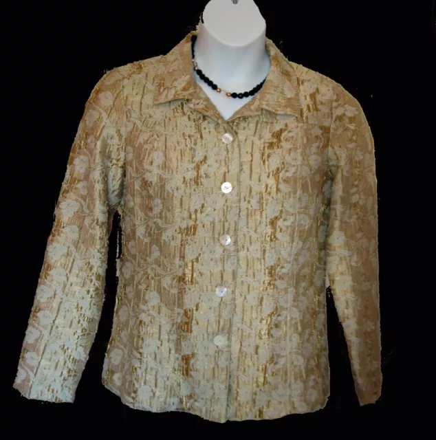 Chico's Artsy GOLD Jacket Size 1 8 10 S M Metallic Floral CHICOS Textural Weave