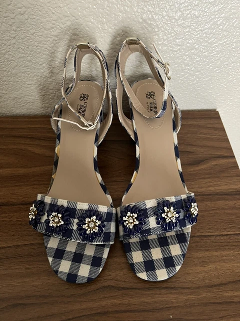 Women's Shoes NEW Size 8 blue gingham Cushion Walk By Avon Flower Embellished